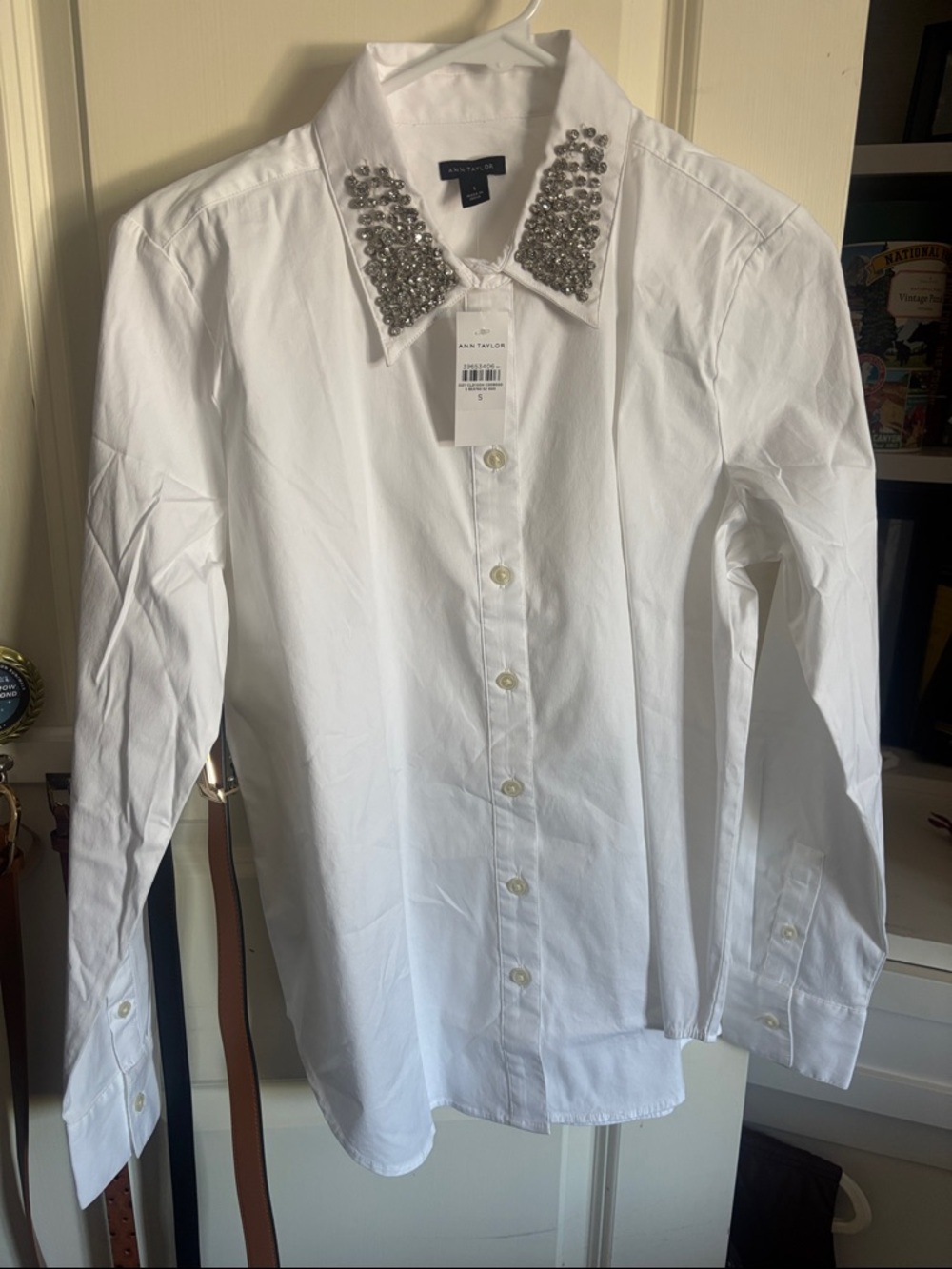 Ann Taylor White Button-Up Shirt with Jeweled Collar